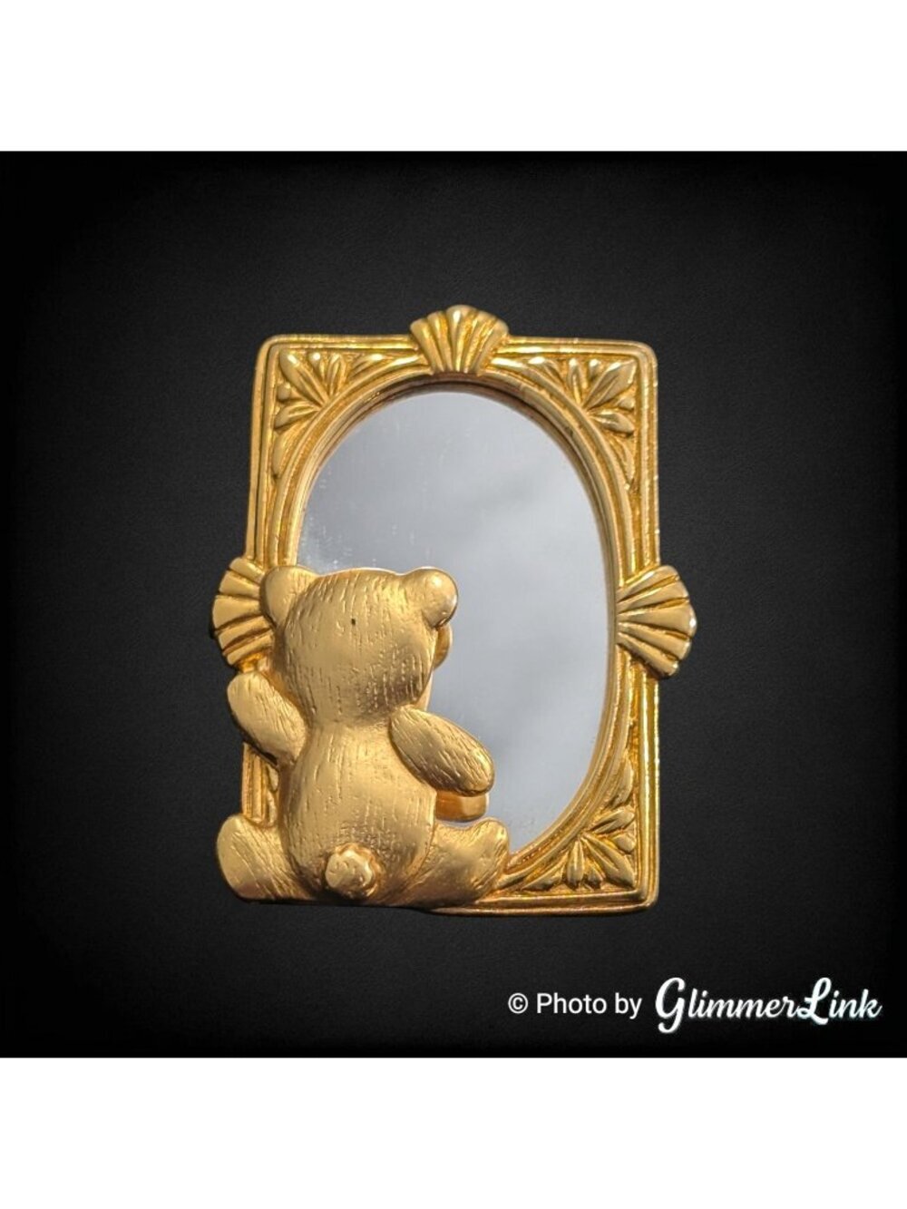 Vintage 1980s JJ Teddy Bear Mirror Frame Brooch Jonette Jewelry Gold Tone Pin